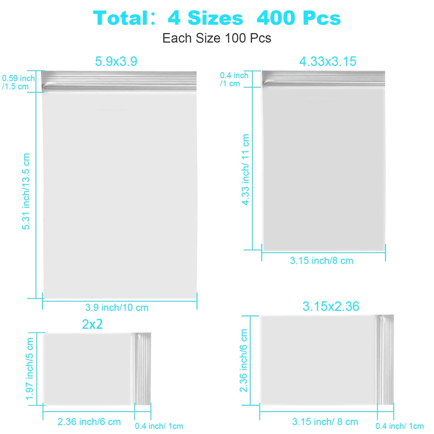 400 Pcs Small Plastic Bags, Resealable Clear Jewelry Bags, Small Baggies, Poly Reclosable Mini Bag, 4 Assorted Sizes 6x3.9 4.7x3.1 3.5x2.3 2.7x2IN, 2 Mil Zipper Bag for Jewelry Pill Packaging VOPTON
