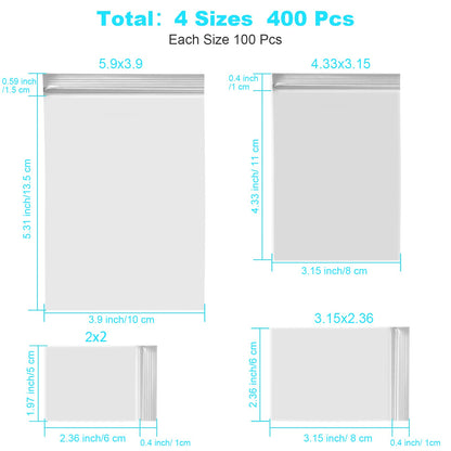 400 Pcs Small Plastic Bags, Resealable Clear Jewelry Bags, Small Baggies, Poly Reclosable Mini Bag, 4 Assorted Sizes 6x3.9 4.7x3.1 3.5x2.3 2.7x2IN, 2 Mil Zipper Bag for Jewelry Pill Packaging VOPTON